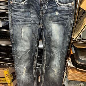 1921 Women's Blue Navy Denim Jeans 35/34 Distressed Stone Washed